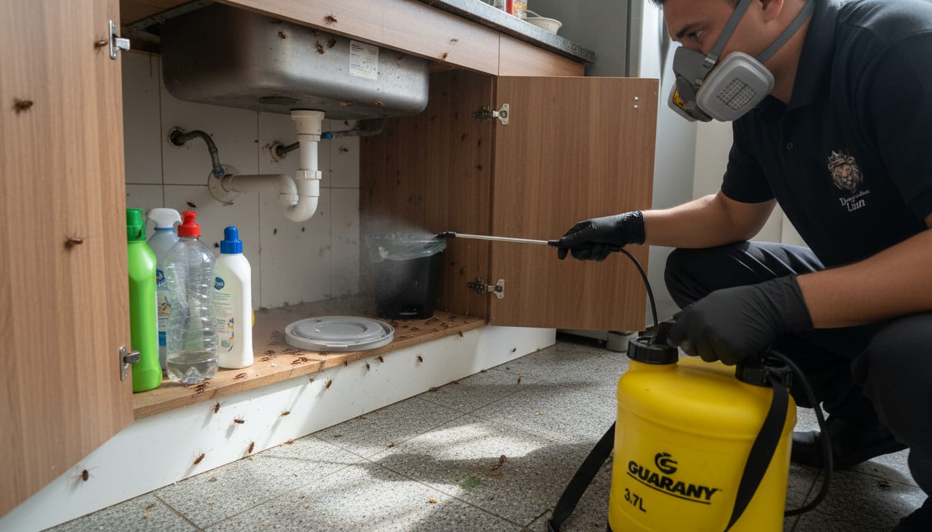 Dedetização profissional em cozinha com foco em barata francesinha